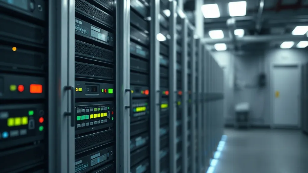 Close up of a server rack with blinking lights and cables in