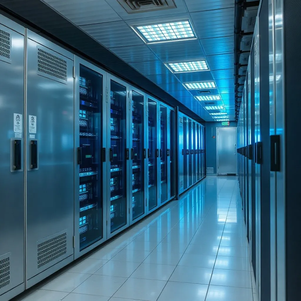 A high-tech server room with clean lines, metallic surfaces,