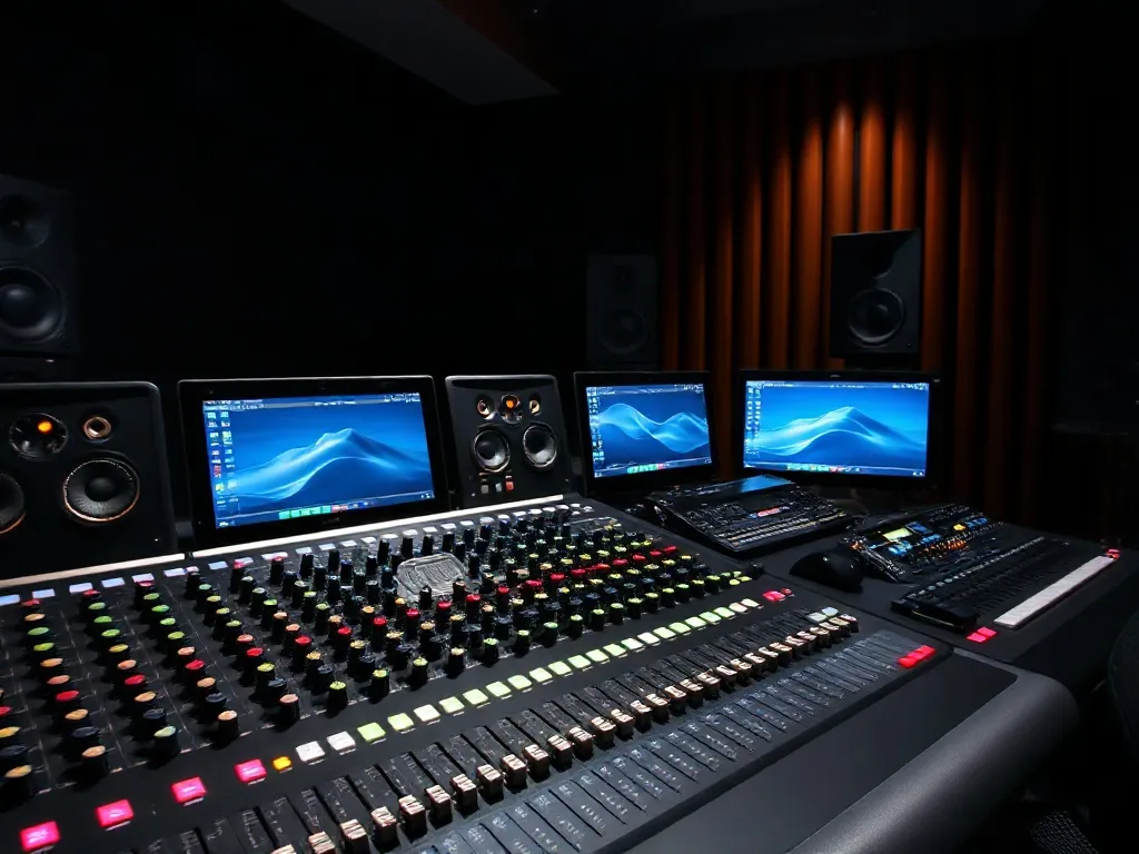 Professional digital audio workstation console with many kno